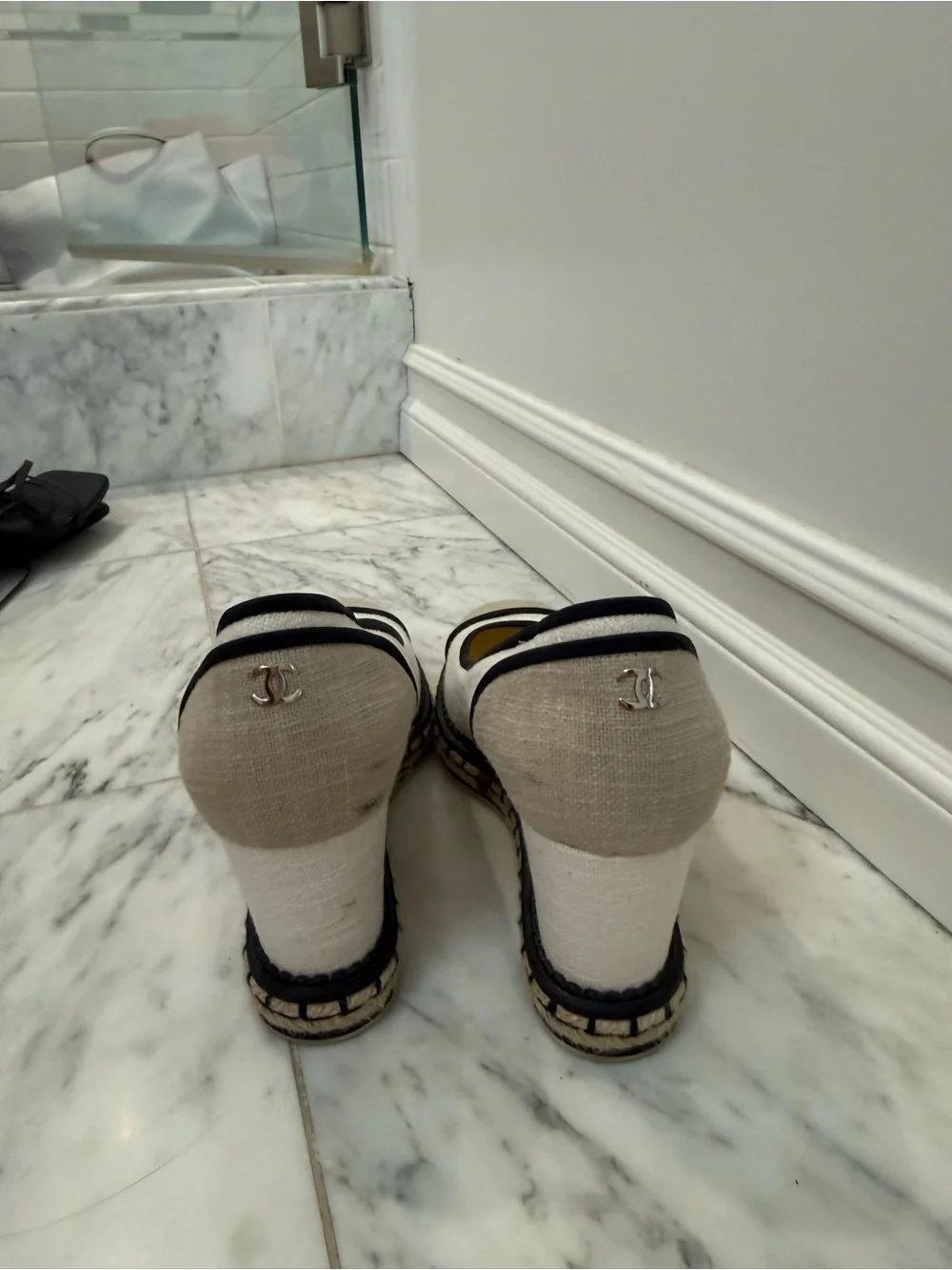 CHANEL Beige and Black Canvas Espadrille Wedge Shoes